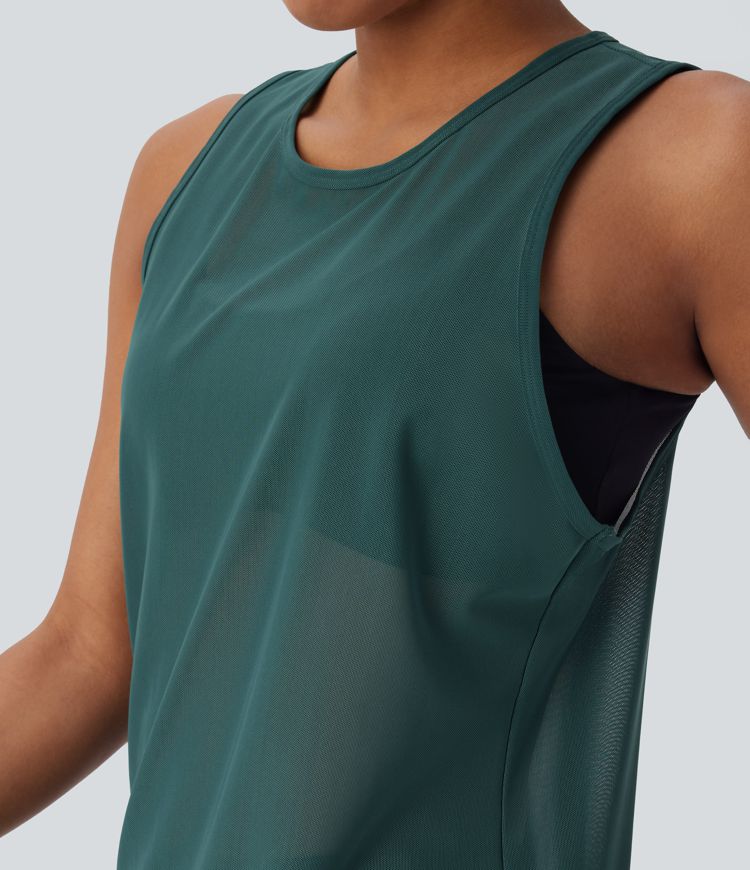 Sheer Round Neck Mesh Longline Running Tank Vest Top