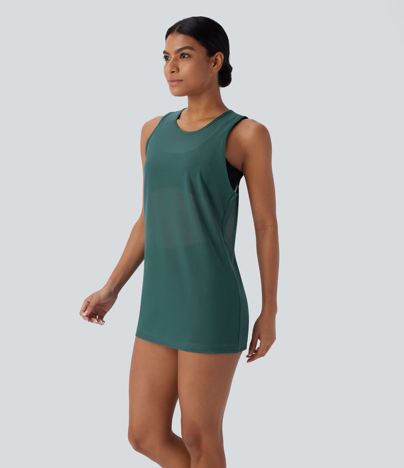 Sheer Round Neck Mesh Longline Running Tank Vest Top