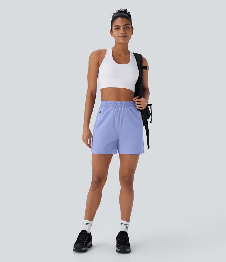 Water Repellent Wear-Resistant High Waisted Inside Drawstring Multiple Zipper Pockets Split Hiking Shorts