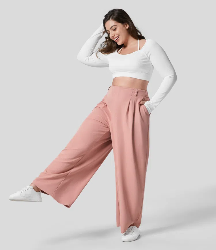 Women s Halara Flex High Waisted Plicated Side Pocket Wide Leg Waffle Work Plus Size Trousers Halara