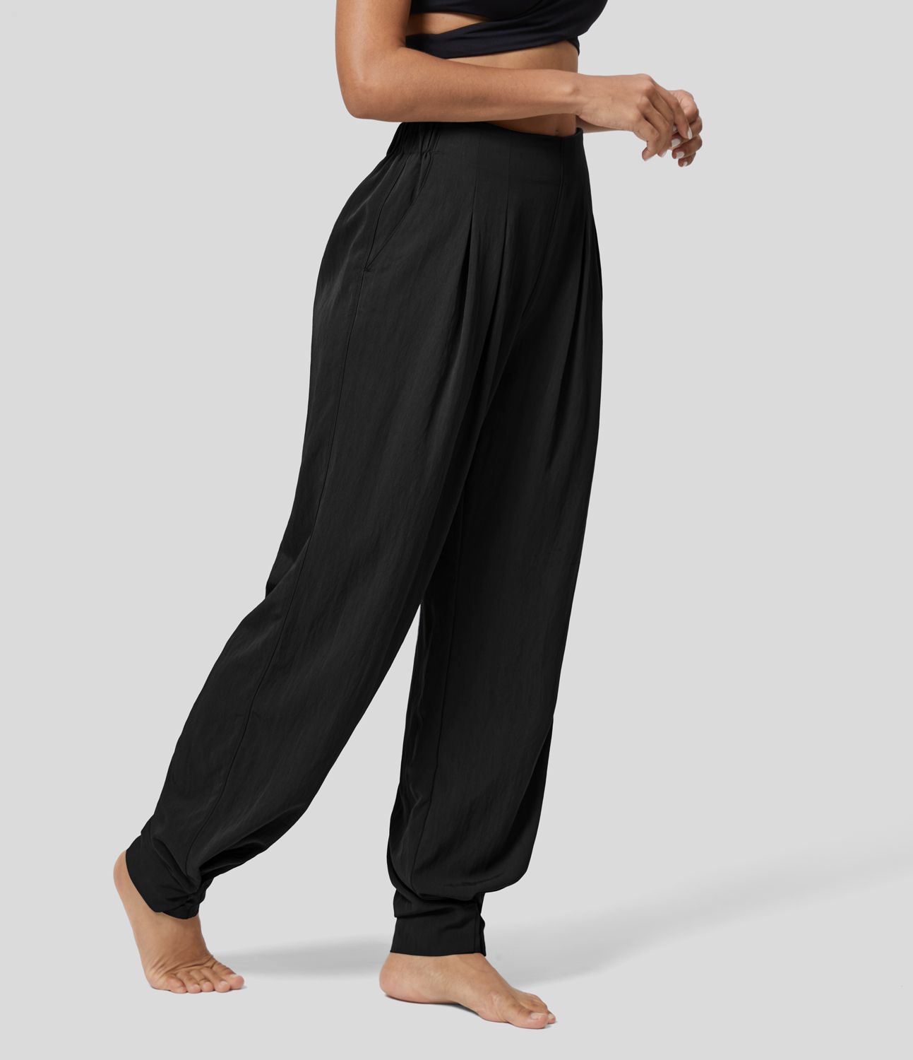 High Waisted Elastic Waistband Side Pocket Adjustable Hem Solid Work Straight Leg Trousers