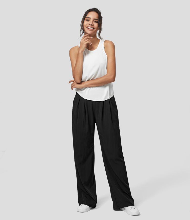 High Waisted Elastic Waistband Side Pocket Adjustable Hem Solid Work Straight Leg Trousers