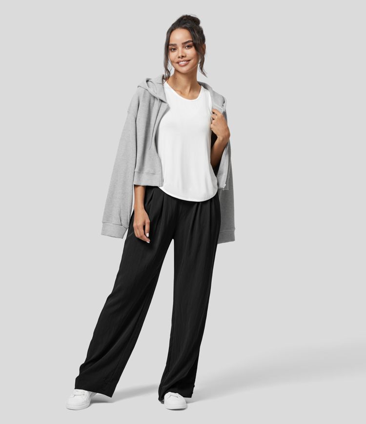 High Waisted Elastic Waistband Side Pocket Adjustable Hem Solid Work Straight Leg Trousers