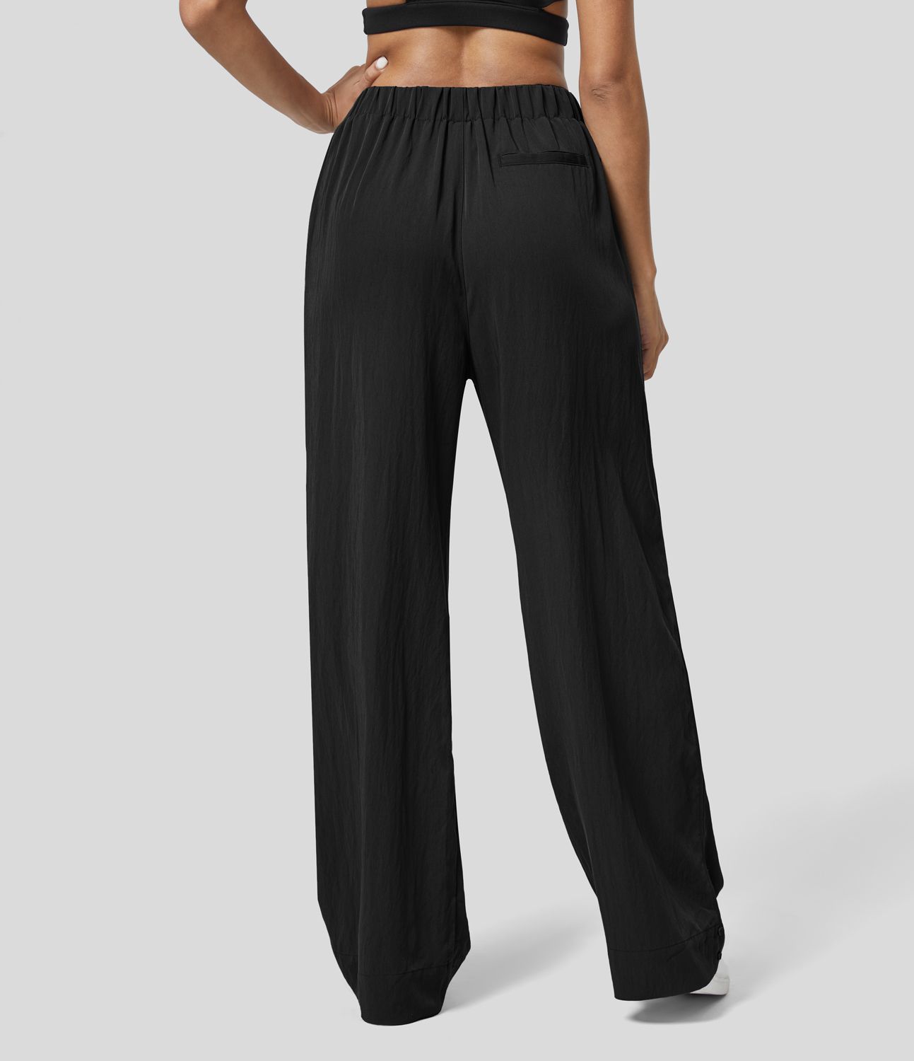 High Waisted Elastic Waistband Side Pocket Adjustable Hem Solid Work Straight Leg Trousers