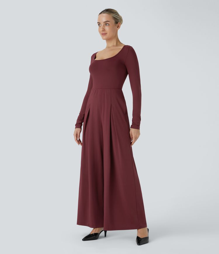 Square Neck Long Sleeve Plicated Side Pocket Casual Jumpsuit