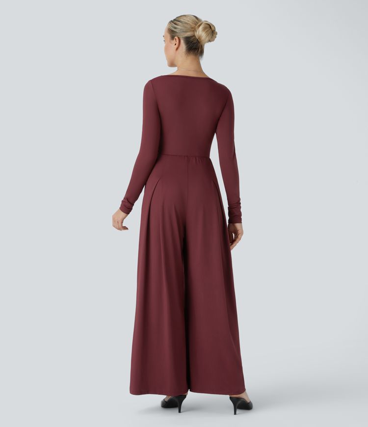 Square Neck Long Sleeve Plicated Side Pocket Casual Jumpsuit