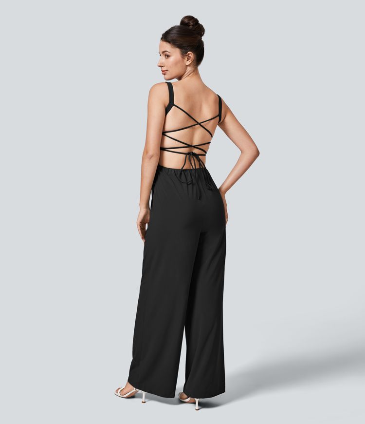 Breezeful™ Backless Crisscross Lace Up Side Pocket Quick Dry Casual Jumpsuit