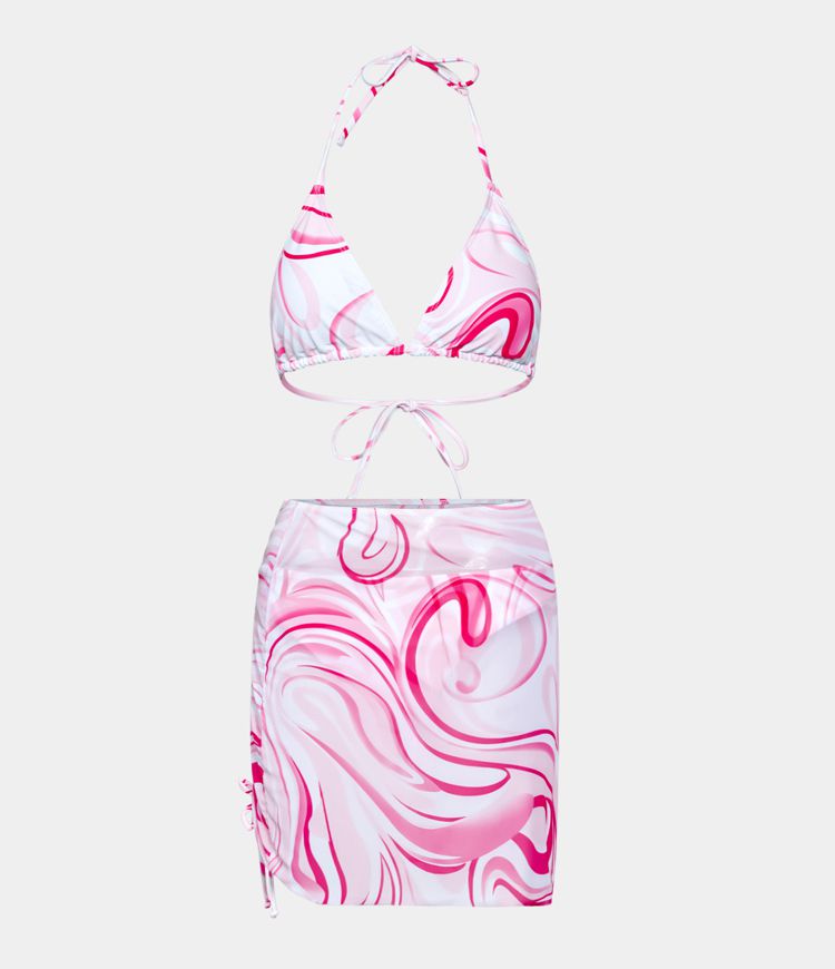 Geometric Pattern Print Back Side Tie Drawstring 3-Piece Swimsuit