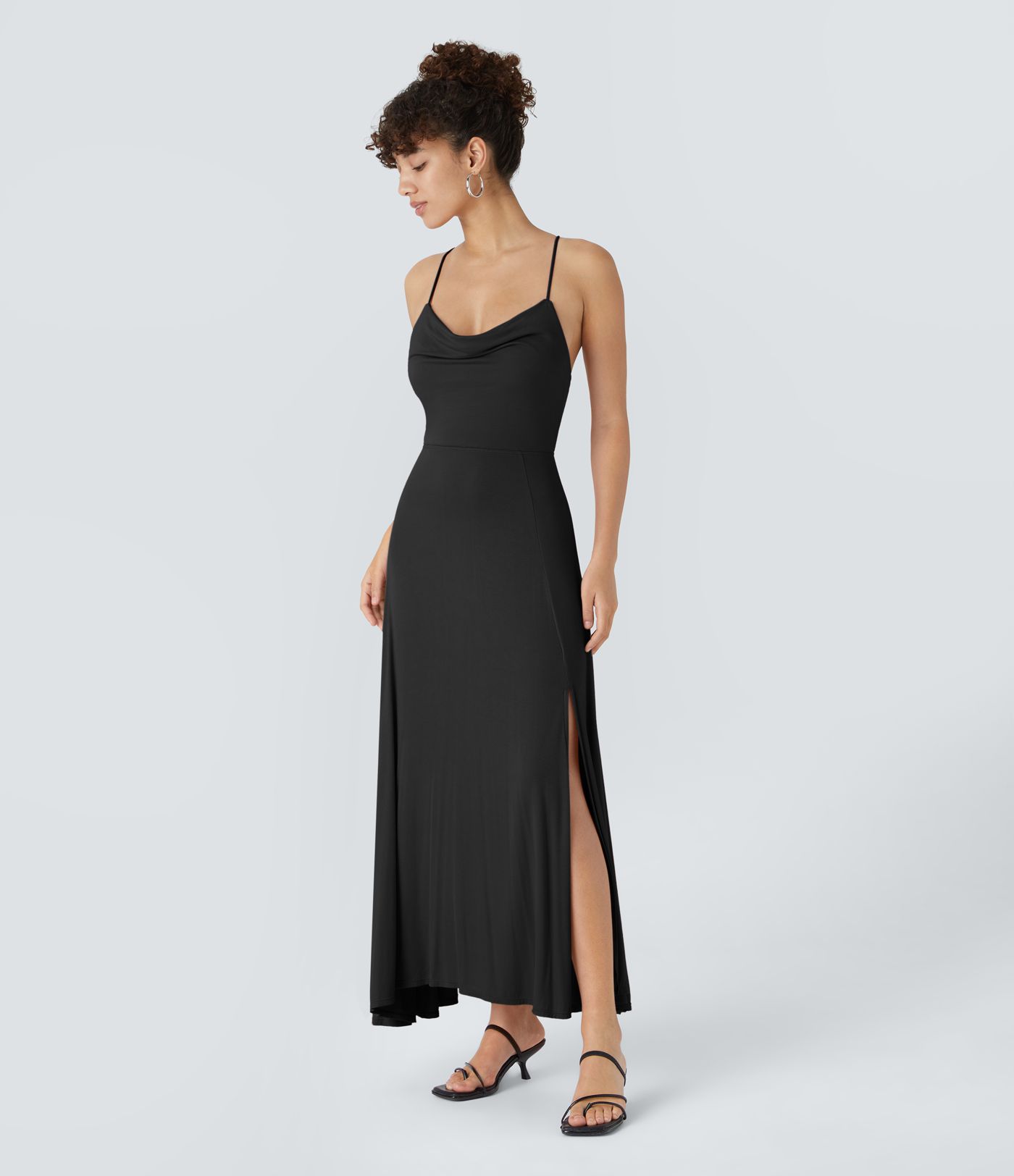 Robe Soirée Midi Encolure Côtelée Dos Nu Lacets Croisés Fendue