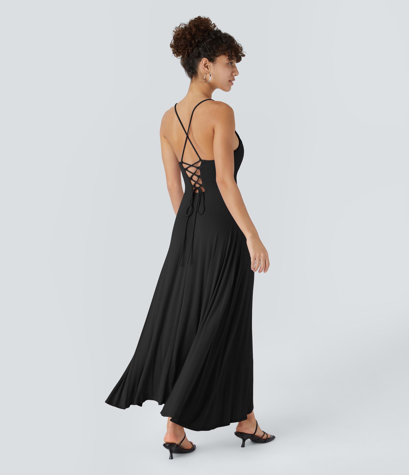 Robe Soirée Midi Encolure Côtelée Dos Nu Lacets Croisés Fendue