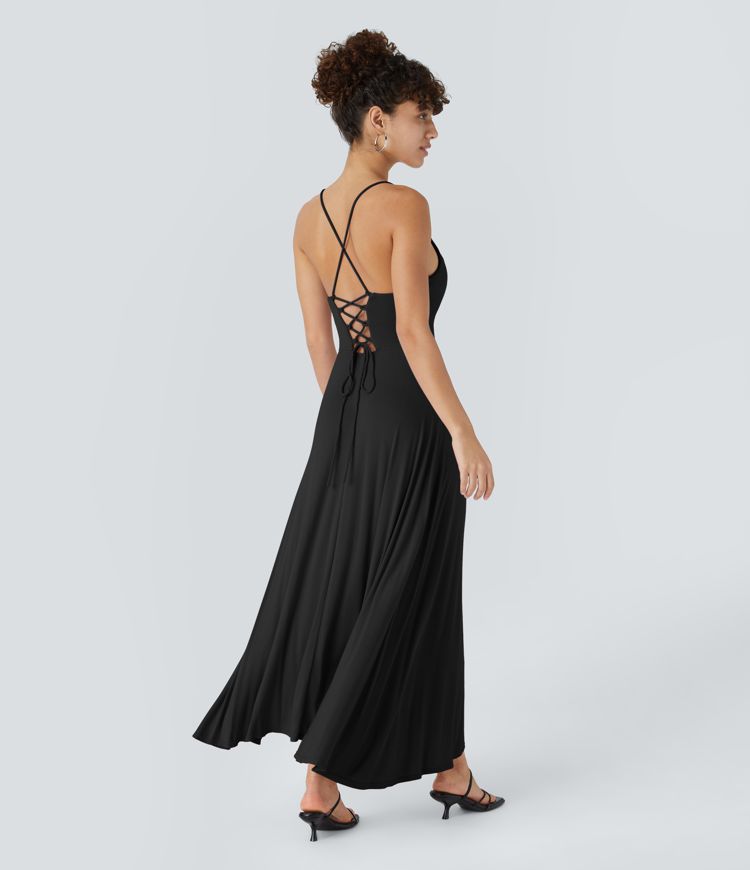 Robe Soirée Midi Encolure Côtelée Dos Nu Lacets Croisés Fendue