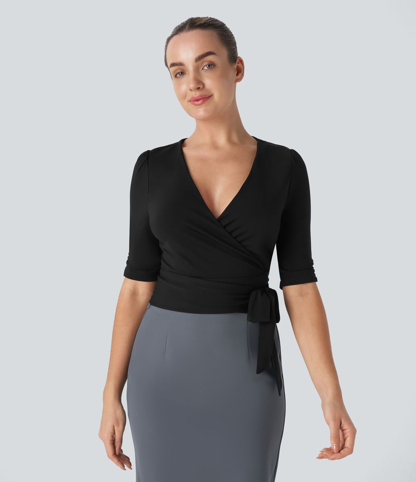 V Neck Wrapped Tie Side Work Blouse