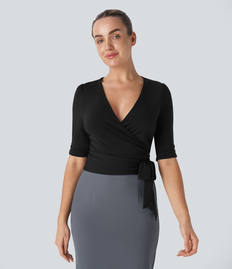 V Neck Wrapped Tie Side Work Blouse