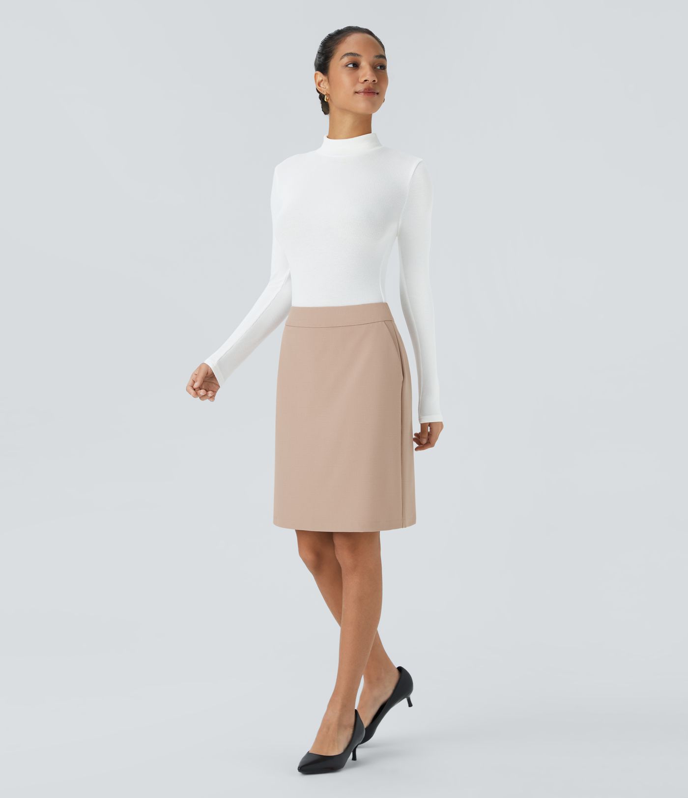 Falda oficina recta tiro alto bolsillo lateral cremallera invisible dobladillo dividido 2 en 1