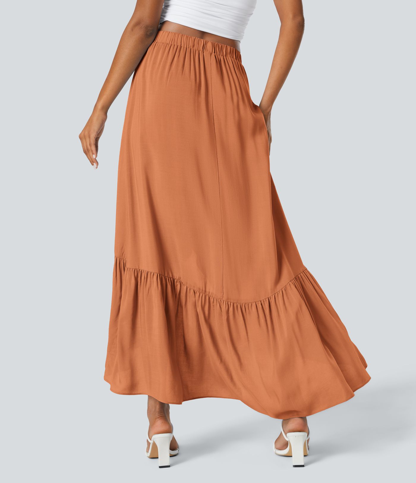High Waisted High Low Ruffle Hem Flowy Maxi Skirt