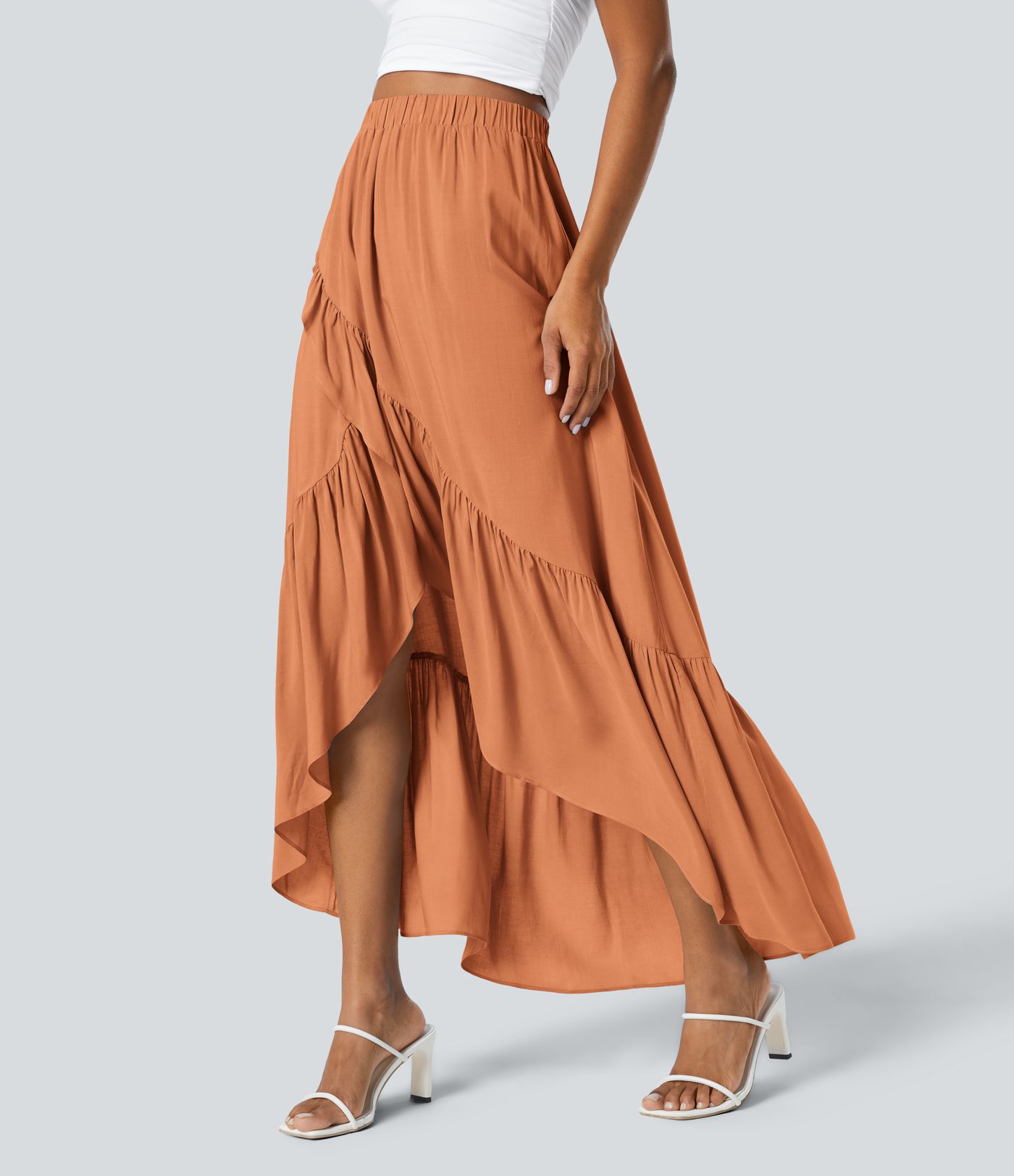High Waisted High Low Ruffle Hem Flowy Maxi Skirt