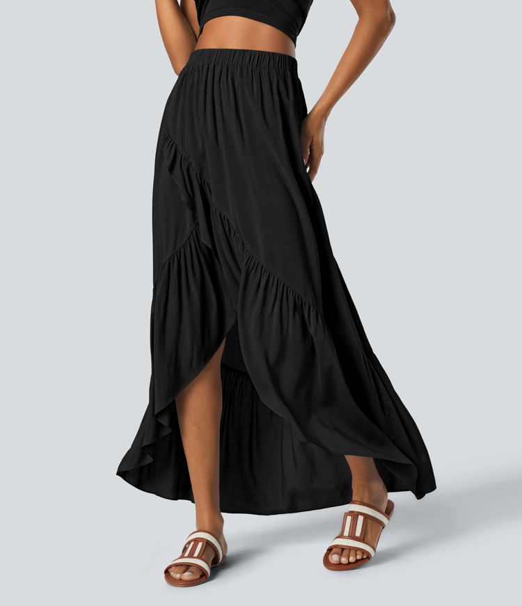 High Waisted High Low Ruffle Hem Flowy Maxi Skirt