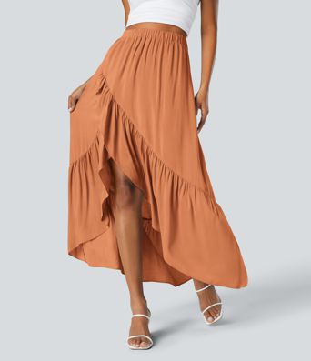 High Waisted High Low Ruffle Hem Flowy Maxi Skirt