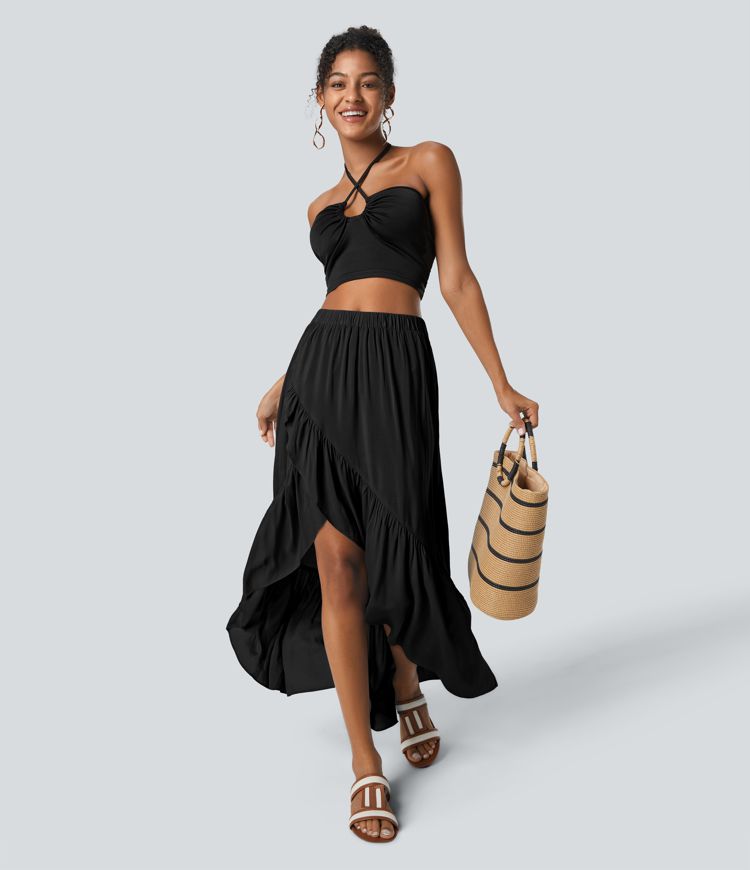 High Waisted High Low Ruffle Hem Flowy Maxi Skirt