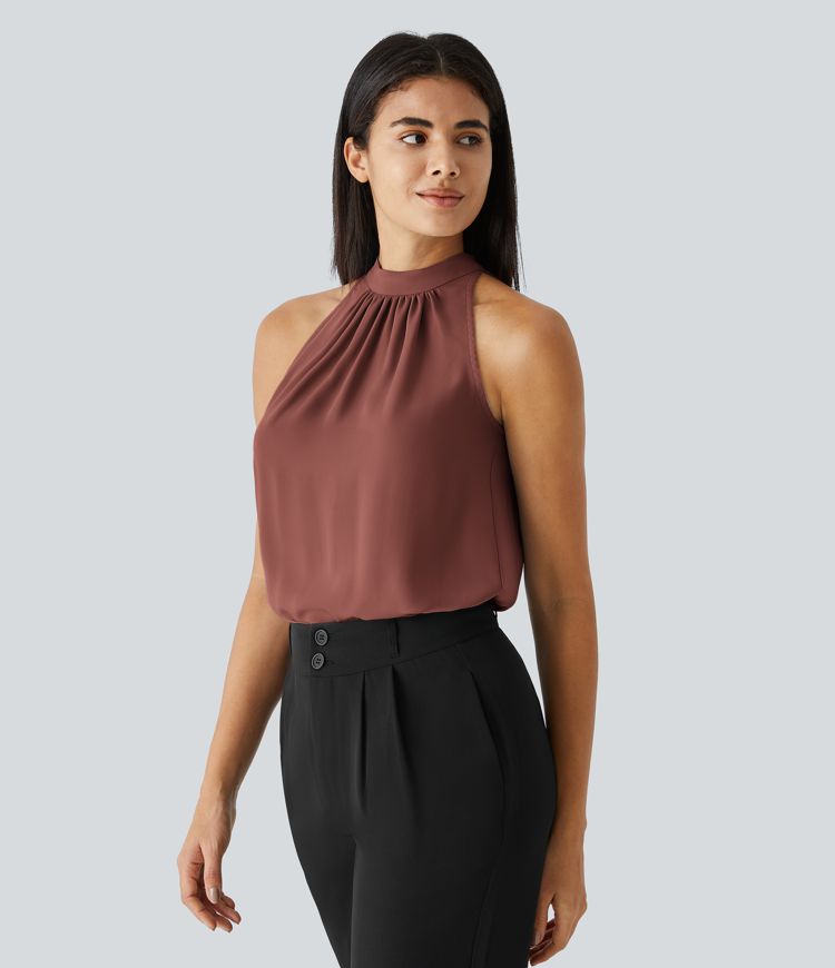 Keyhole Back Halter Sleeveless Curved Hem Work Blouse