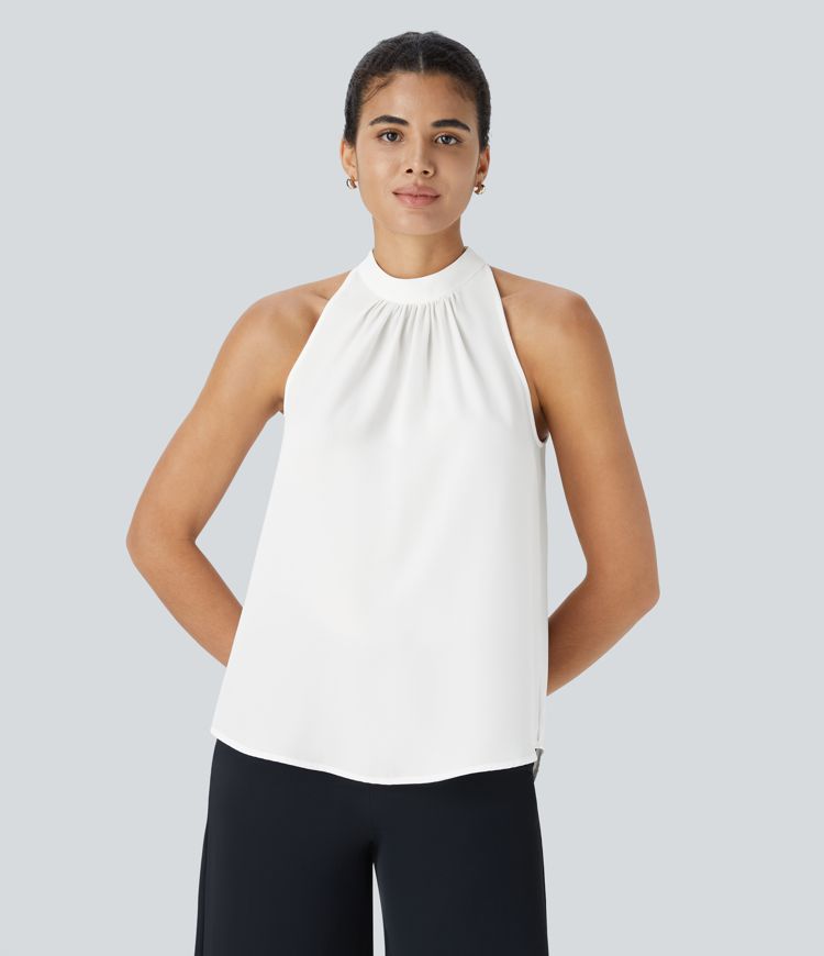 Keyhole Back Halter Sleeveless Curved Hem Work Blouse
