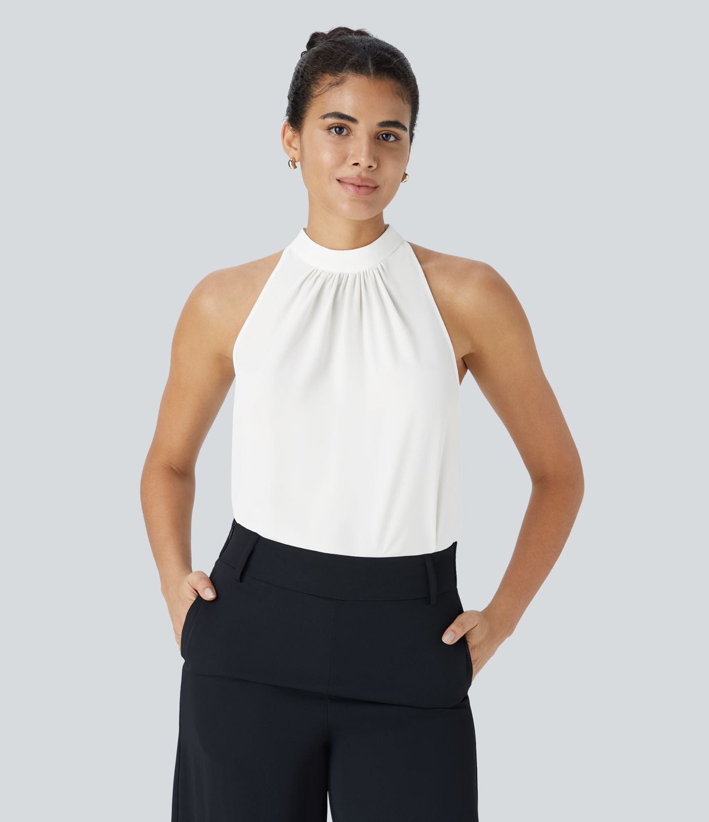 Keyhole Back Halter Sleeveless Curved Hem Work Blouse