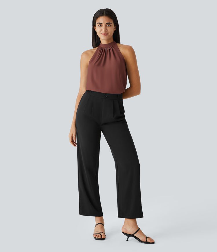 Keyhole Back Halter Sleeveless Curved Hem Work Blouse