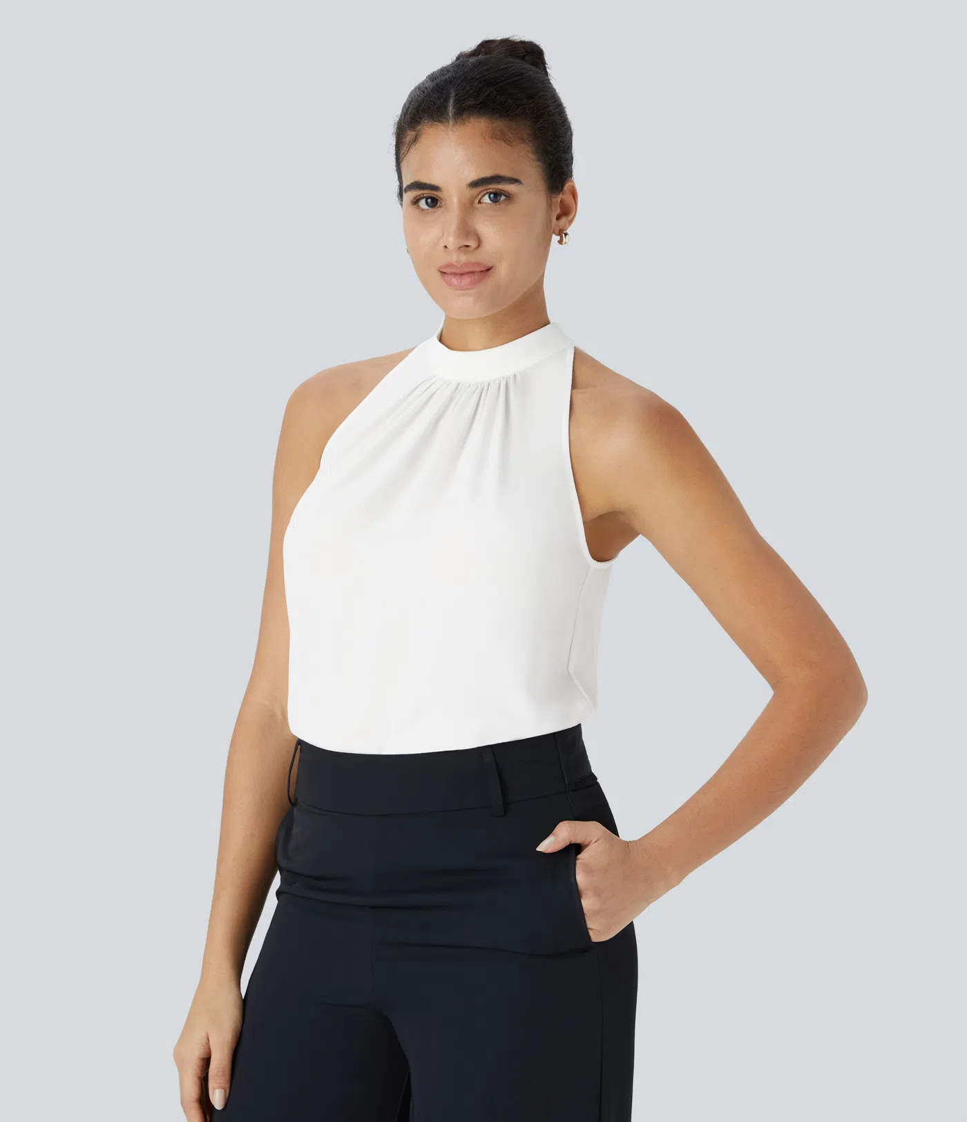 Keyhole Back Halter Plicated Sleeveless Curved Hem Work Blouse