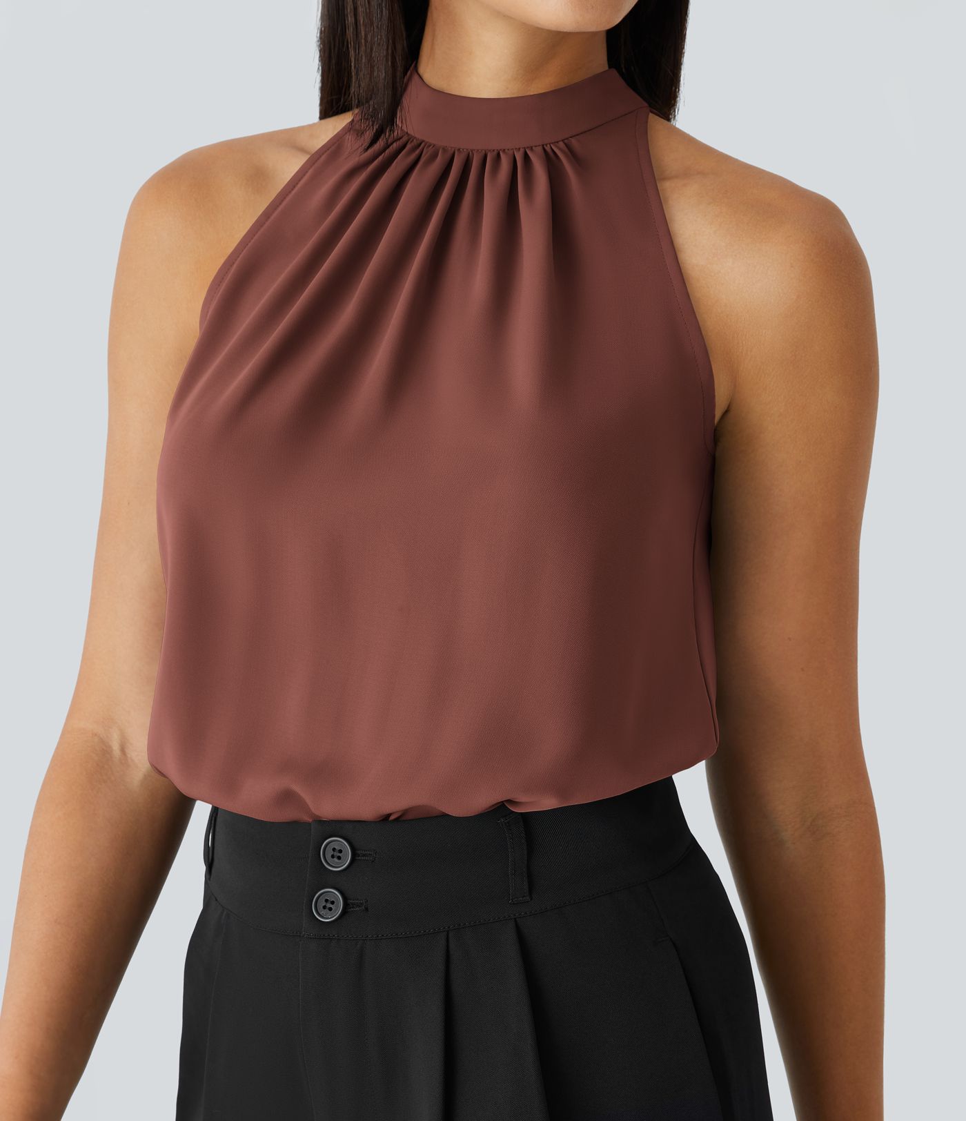Keyhole Back Halter Sleeveless Curved Hem Work Blouse