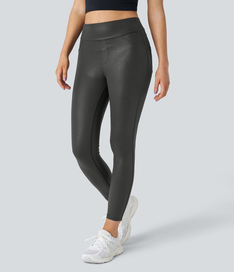 Softlyzero™ Faux Leather Lederleggings aus elastischem künstlichem Leder mit hohem Bund, Gesäßtaschen und Foliendruck