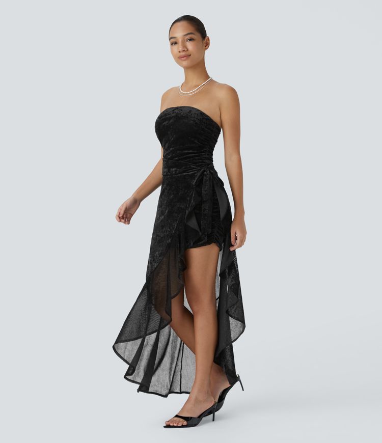 Vestido fiesta largo ajustado terciopelo frunce ribete volante lazo lateral