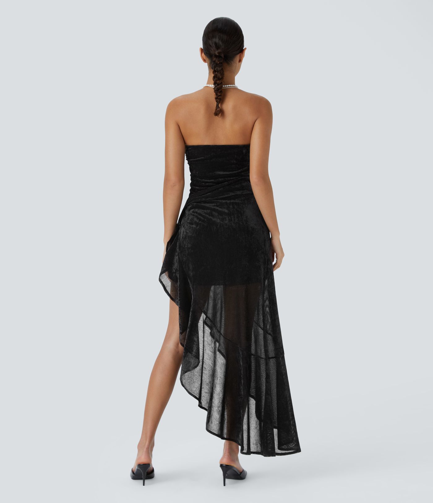 Vestido fiesta largo ajustado terciopelo frunce ribete volante lazo lateral