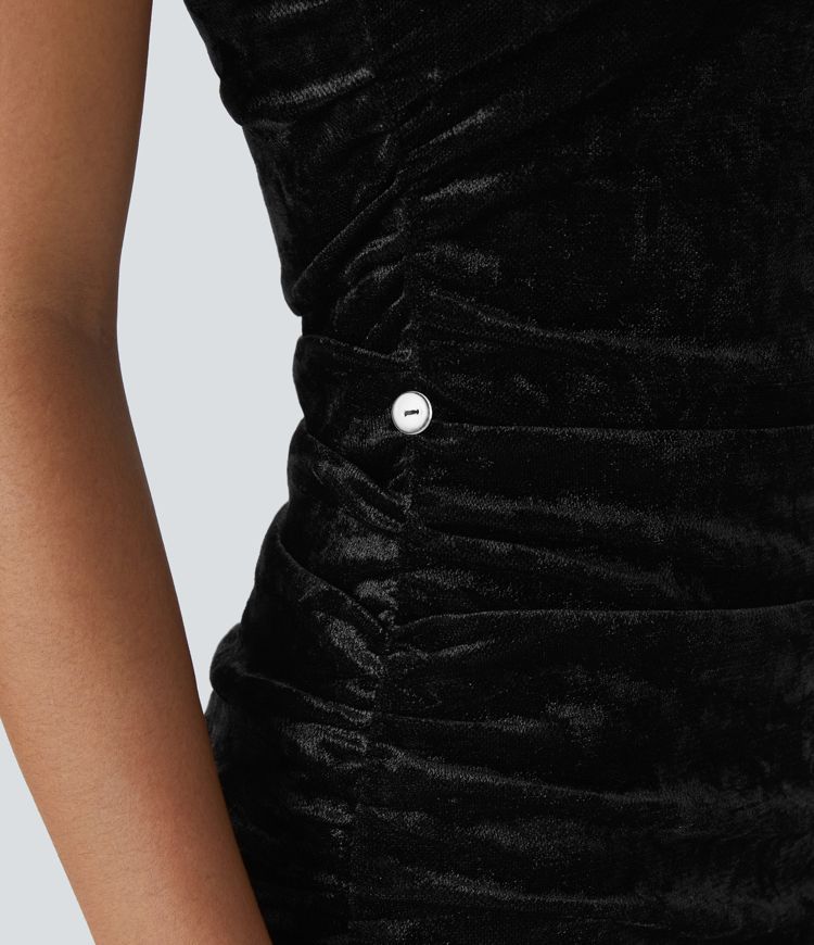 Vestido fiesta largo ajustado terciopelo frunce ribete volante lazo lateral