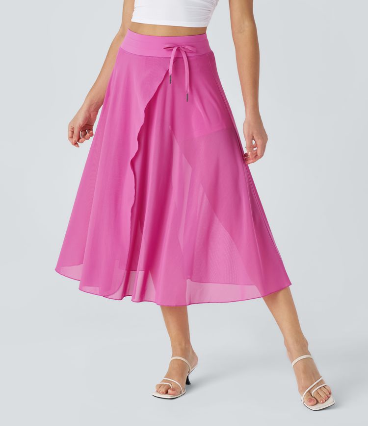 High Waisted Drawstring Contrast Mesh 2-in-1 Pocket Flowy Midi Flare Casual Skirt
