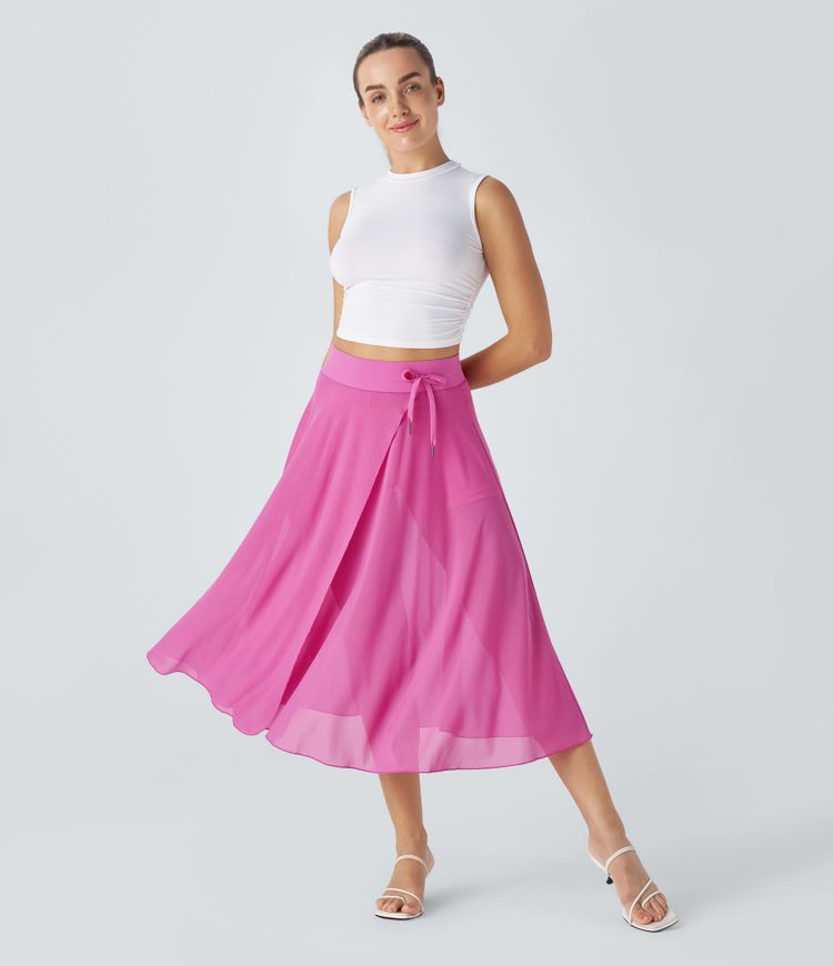 High Waisted Drawstring Contrast Mesh 2-in-1 Pocket Flowy Midi Flare Casual Skirt