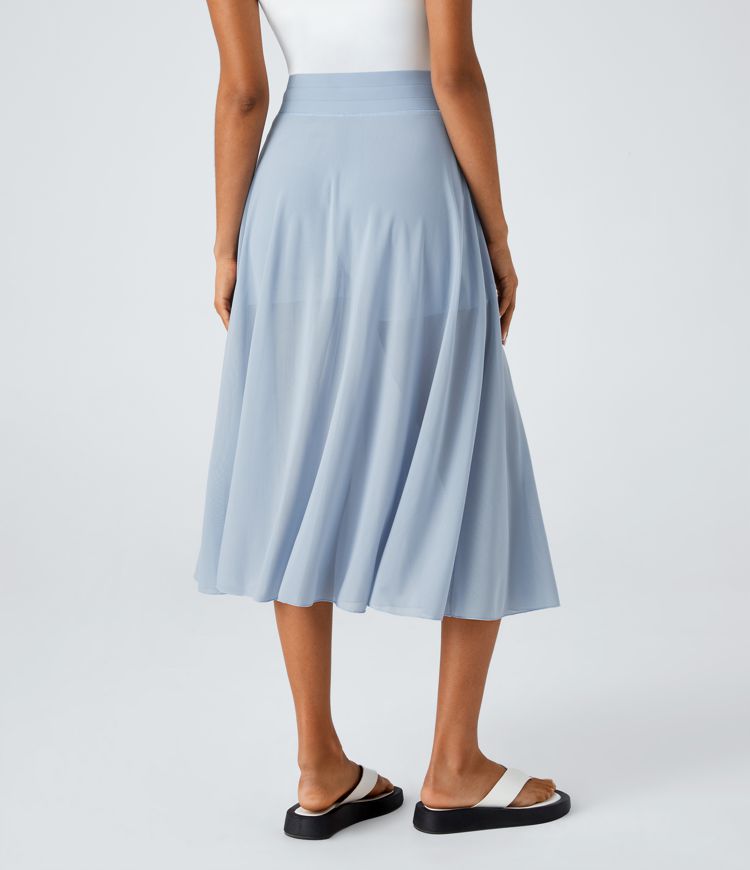 High Waisted Drawstring Contrast Mesh 2-in-1 Pocket Flowy Midi Flare Casual Skirt