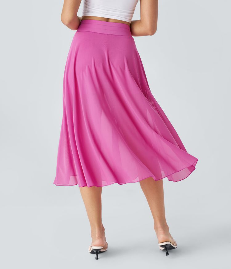 High Waisted Drawstring Contrast Mesh 2-in-1 Pocket Flowy Midi Flare Casual Skirt