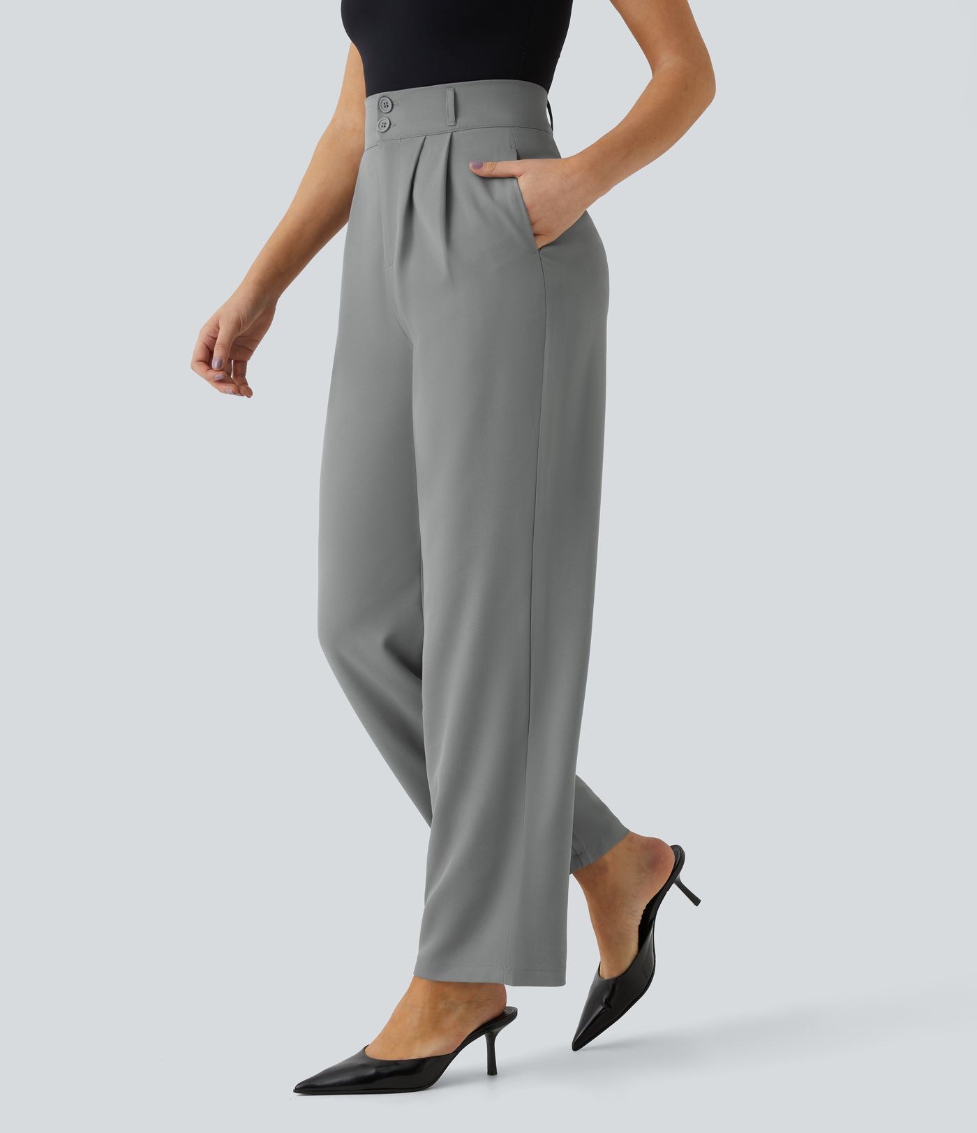 High waist button zipper side pocket shirring straight leg work suit pants