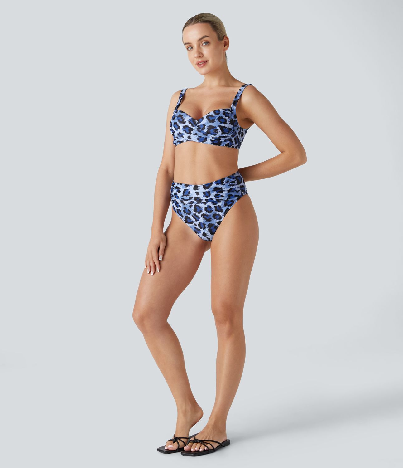 트위스트 조절 가능한 G자 후크 레오파드 프린트 비키니 탑 수영복