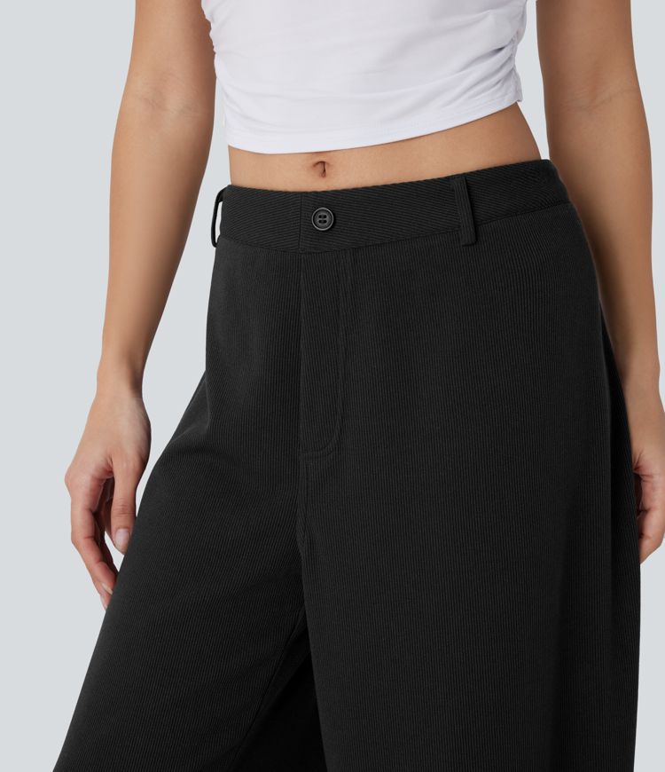 Pantalón pierna ancha bolsillo trasero tiro ajustable acanalada