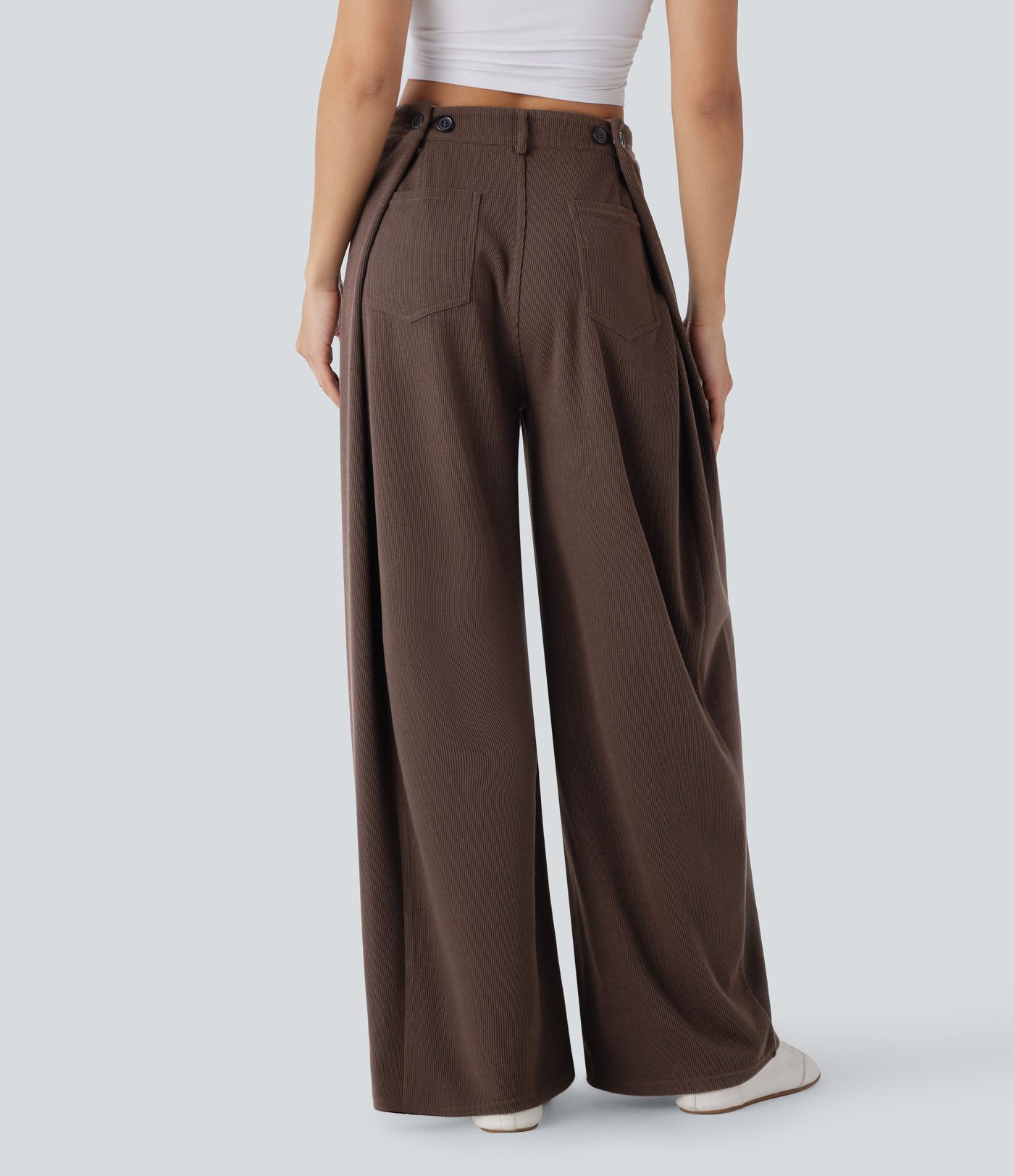Ribbed Adjustable Waist Pocket Wide Leg Casual Pants