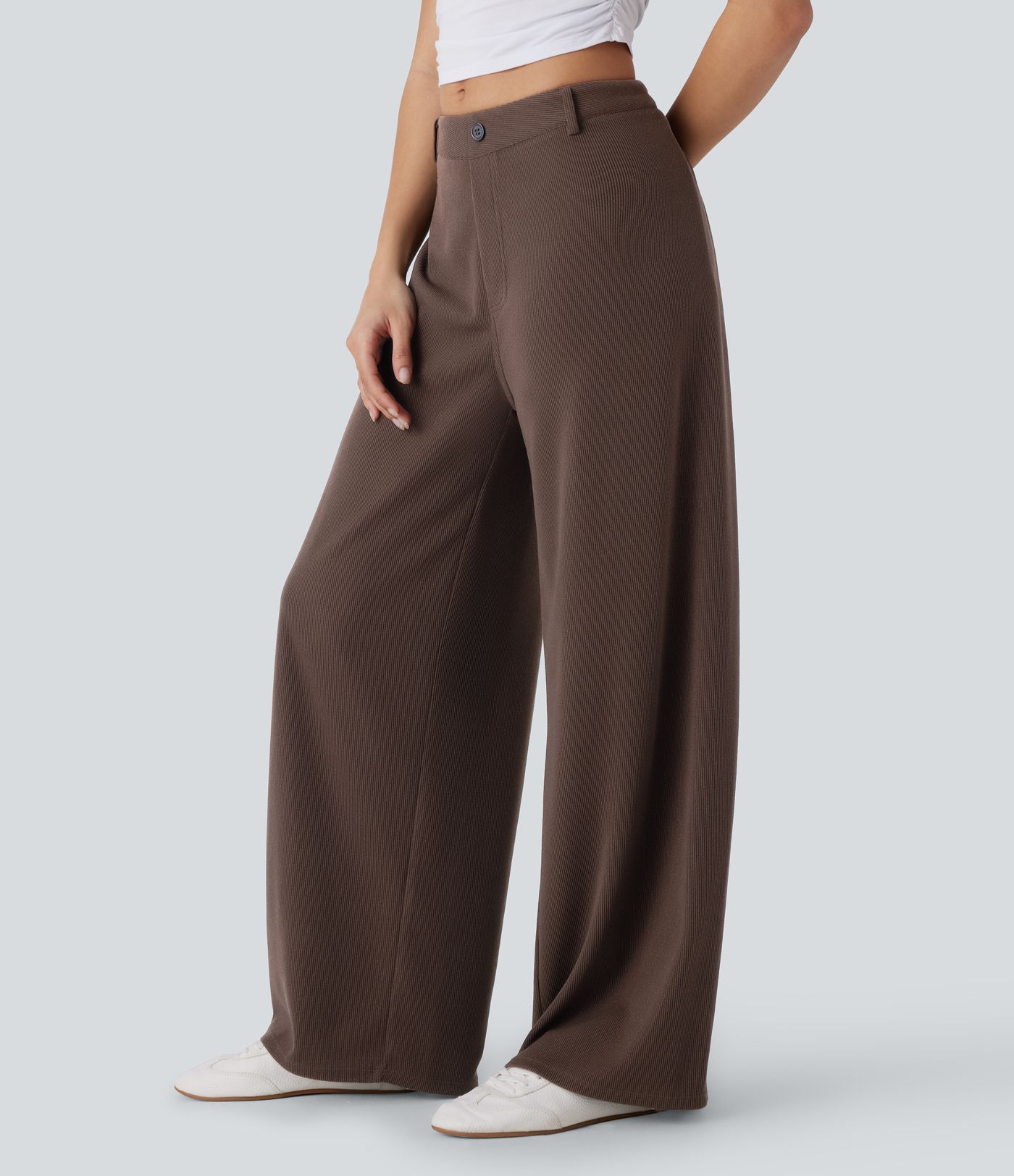 Ribbed Adjustable Waist Pocket Wide Leg Casual Pants