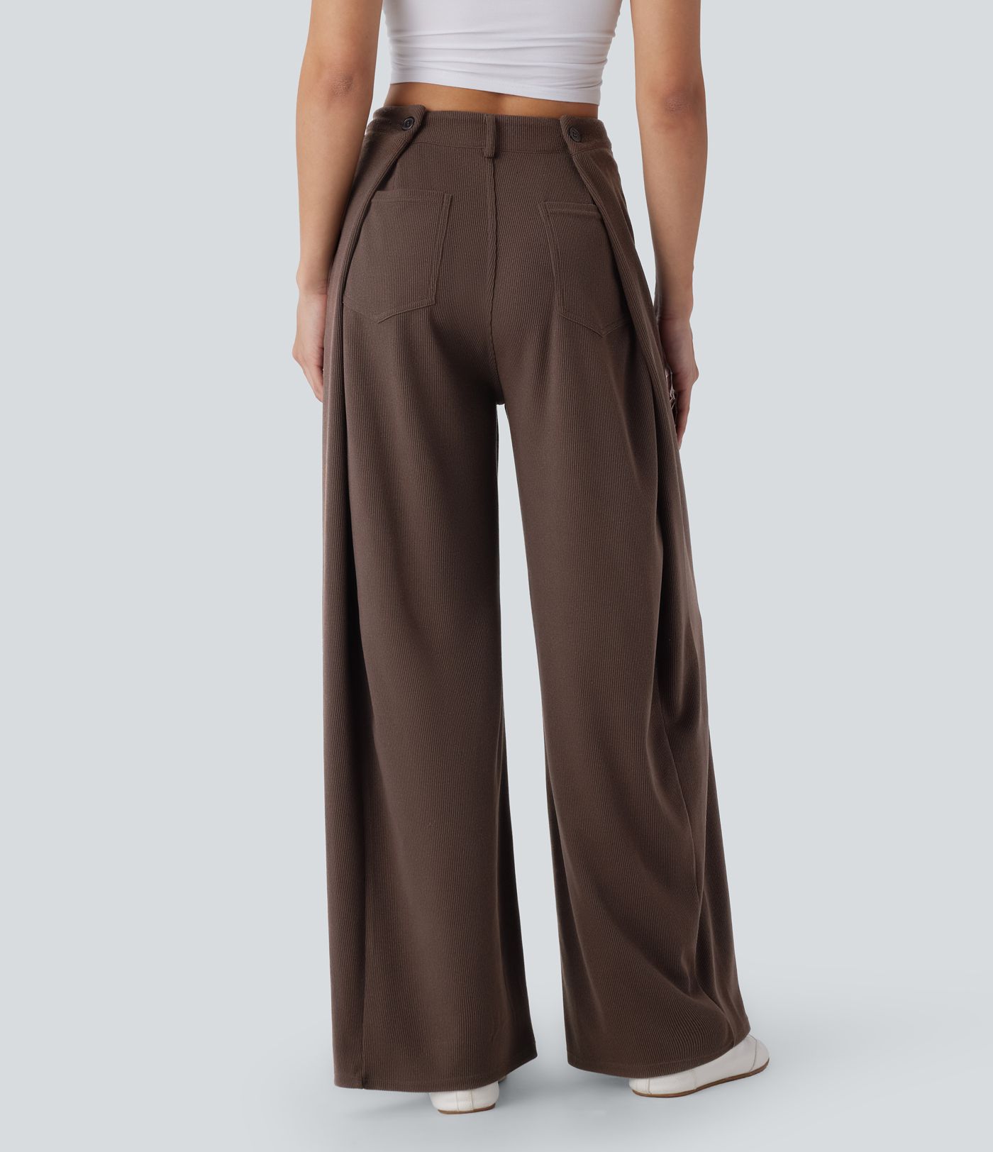 Ribbed Adjustable Waist Pocket Wide Leg Casual Pants
