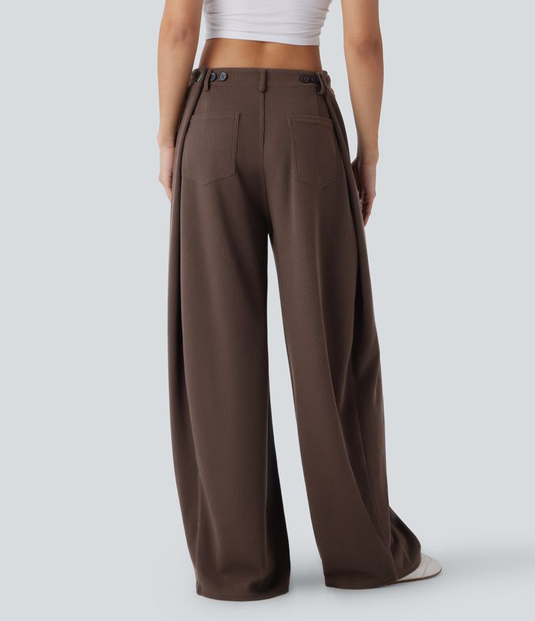 Ribbed Adjustable Waist Pocket Wide Leg Casual Pants