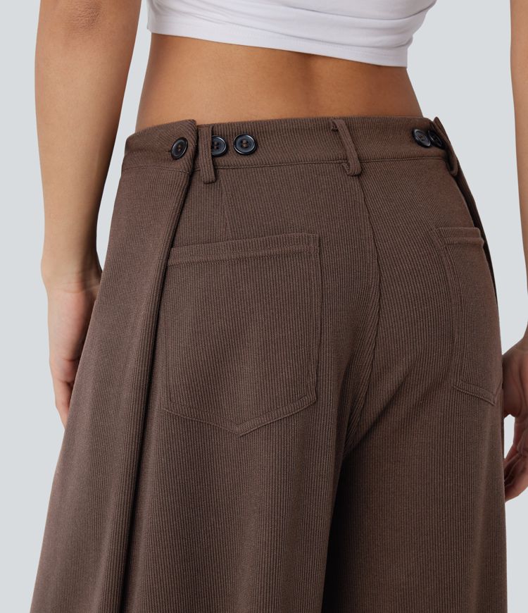 Ribbed Adjustable Waist Pocket Wide Leg Casual Pants