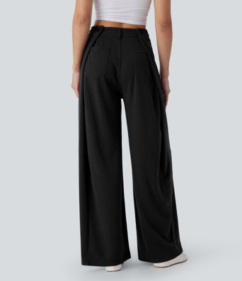 Pantalón pierna ancha bolsillo trasero tiro ajustable acanalada