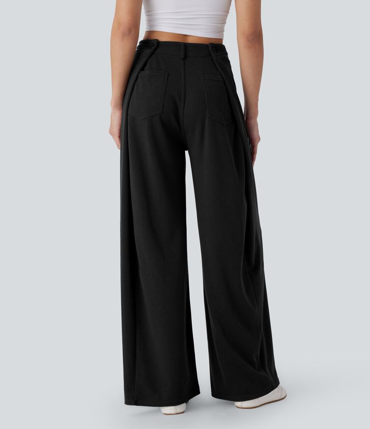 Pantalón pierna ancha bolsillo trasero tiro ajustable acanalada