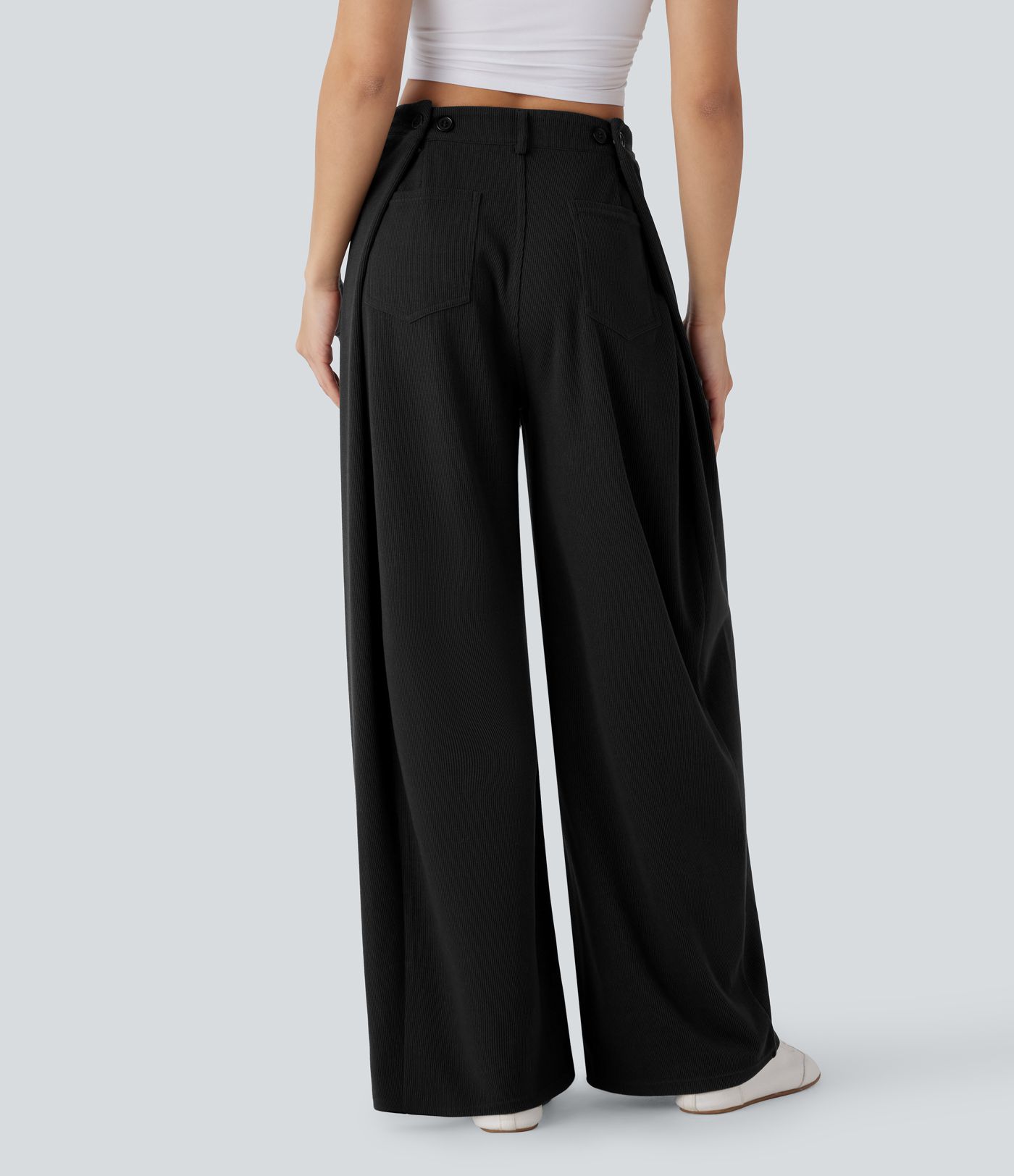 Pantalón pierna ancha bolsillo trasero tiro ajustable acanalada