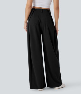 Pantalón pierna ancha bolsillo trasero tiro ajustable acanalada