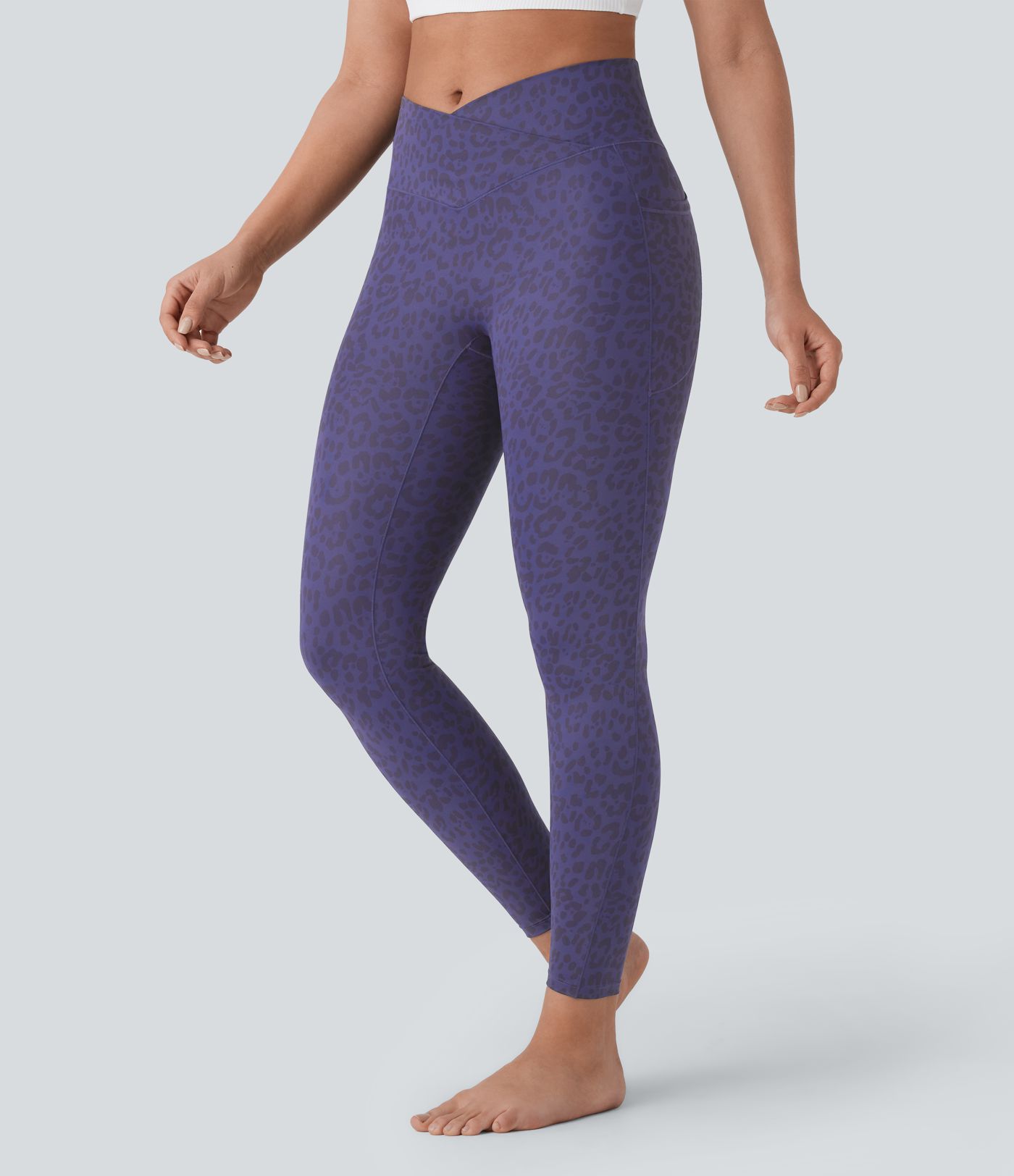 7/8-Crossover-Yoga-Leggings mit hohem Bund, Seitentaschen und Leopardenmuster